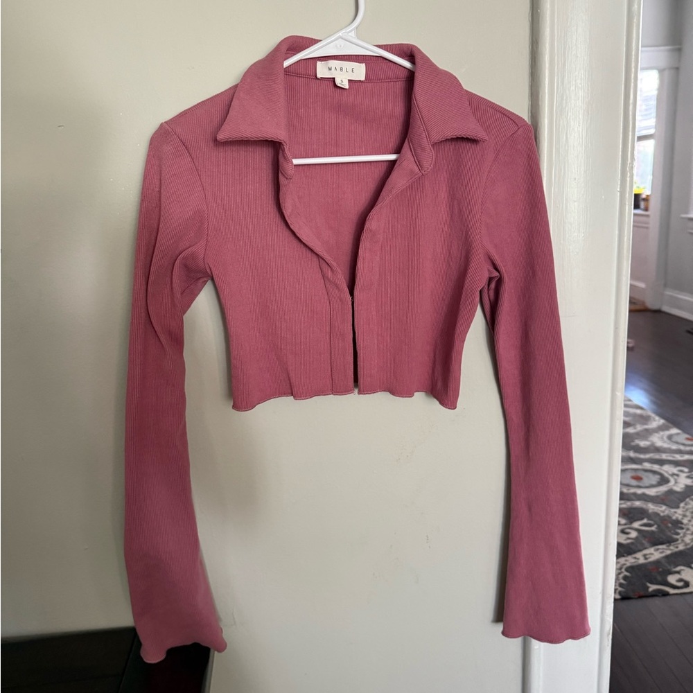 Pink Long Sleeve Crop Top - V Neck Hook and Clasp Top
 Pink Cropped Women's Top